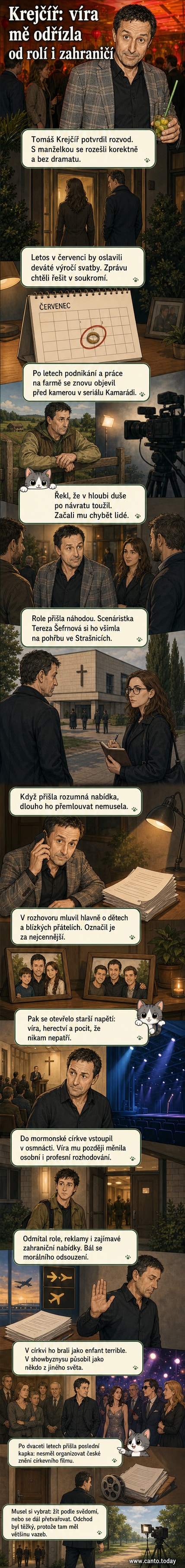 Herec Tomáš Krejčíř stojí u mikrofonu, v pozadí náznak kostela a filmového plakátu – symbol dvou světů, mezi nimiž váhal.