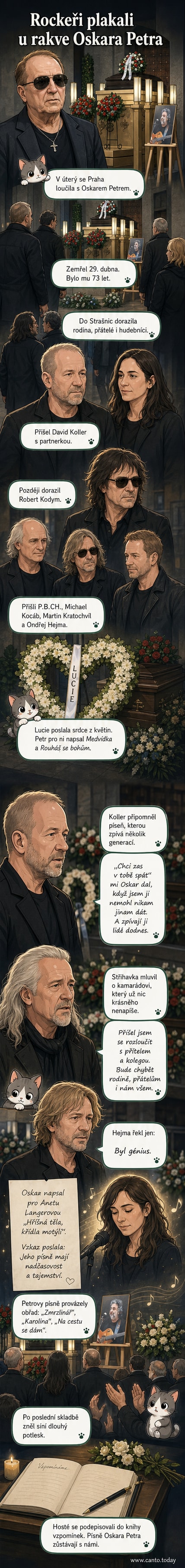 Čeští hudebníci stojí u květinami pokryté rakve Oskara Petra během rozloučení v pražském krematoriu.