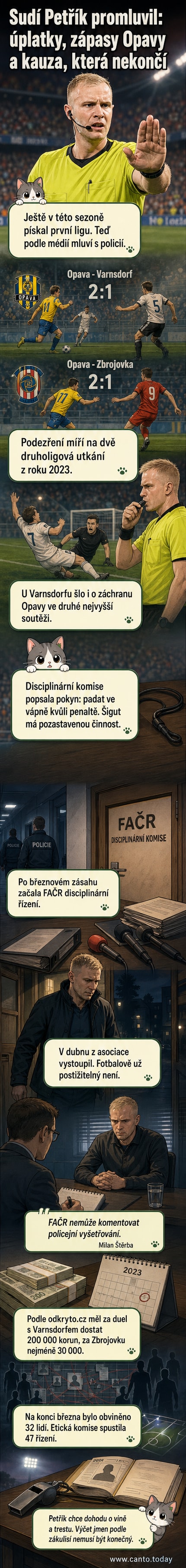 Ilustrace fotbalového rozhodčího s penězi v ruce, na pozadí stadion a zápas s červeným značením podezřelých momentů.