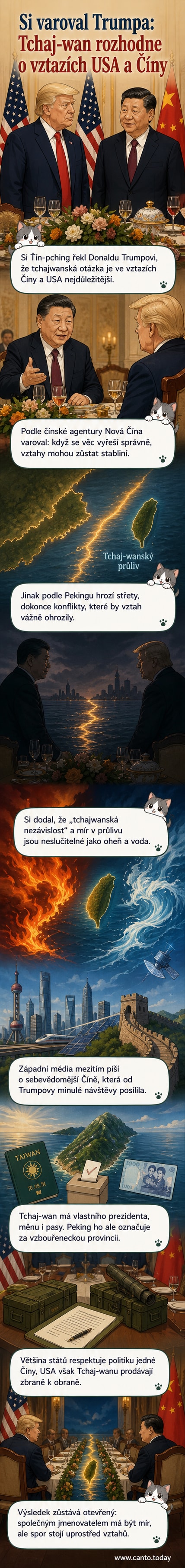 Ilustrace čínského a amerického lídra jednajících u mapy Tchajwanského průlivu, s napětím ve výrazech.