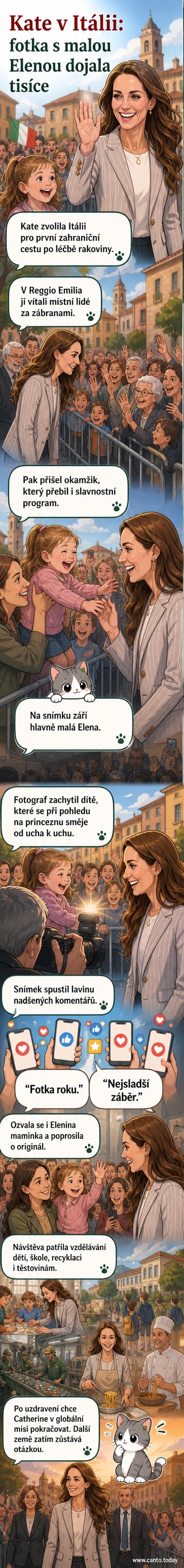 Princezna Kate stojí před zábradlím, kde malé dítě na rukou matky radostně sleduje její návštěvu v italském Reggio Emilia.