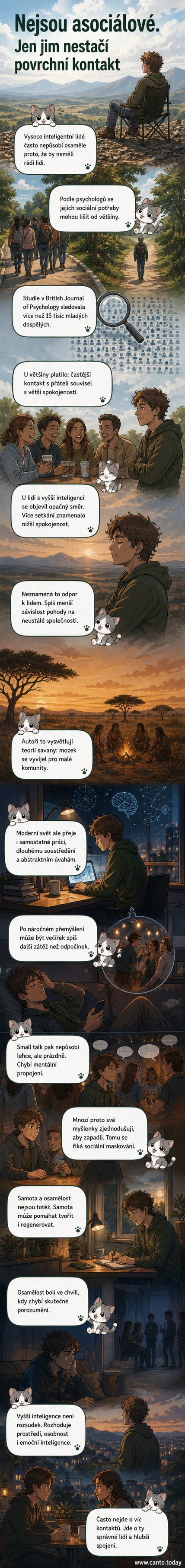 Ilustrace osamělé postavy uprostřed města, která přemýšlí o hlubokých tématech, zatímco kolem ní proudí lidé v konverzaci.