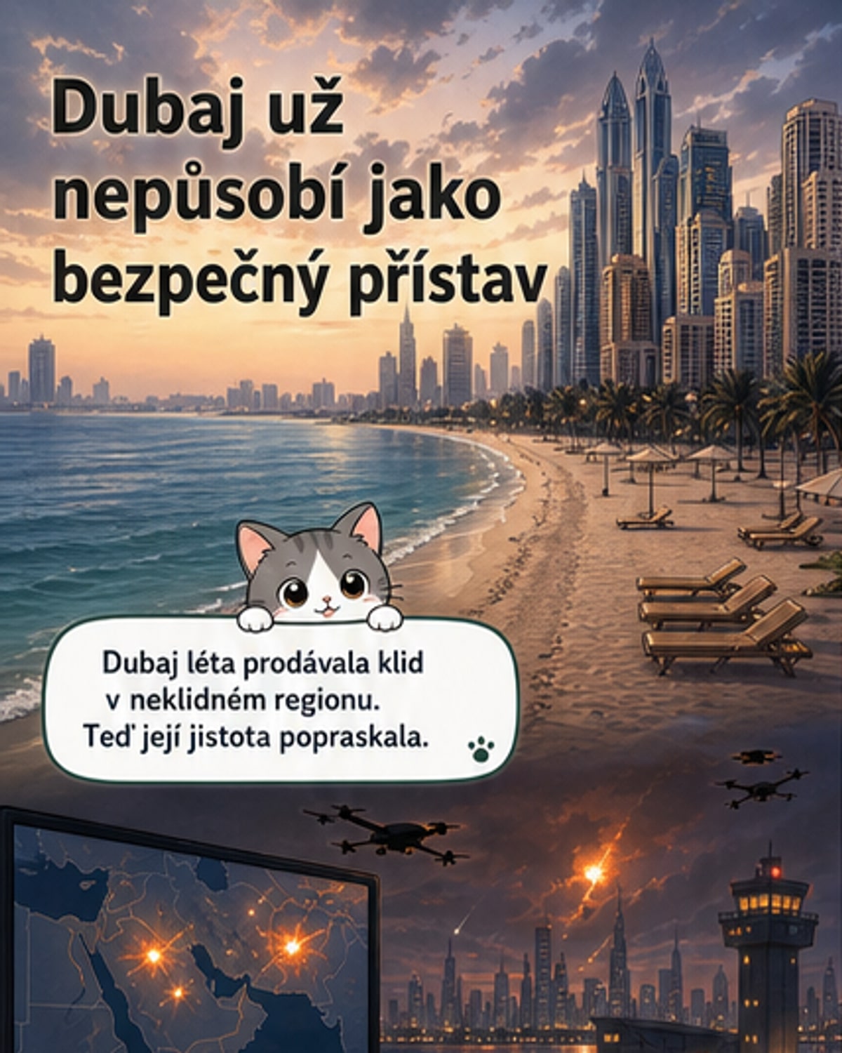 Ilustrace znázorňující kontrast mezi dříve rušným Dubajem a nyní prázdnými ulicemi a hotelovými komplexy, zatímco v pozadí roste aktivita v Rijádu a Singapuru.