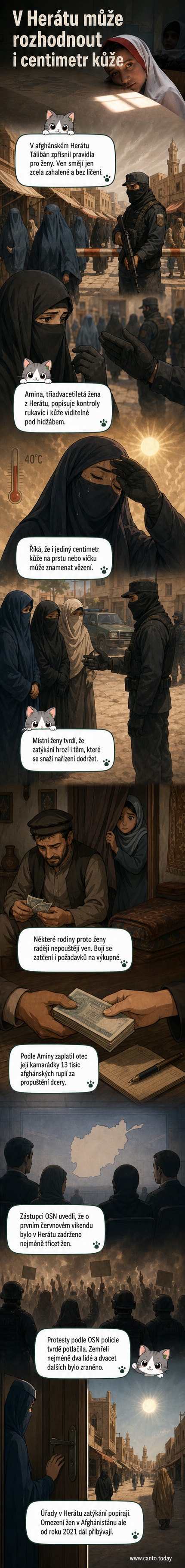Žena v úplném zahalení stojí na ulici v Herátu, kolem ní ozbrojení muži s puškami.