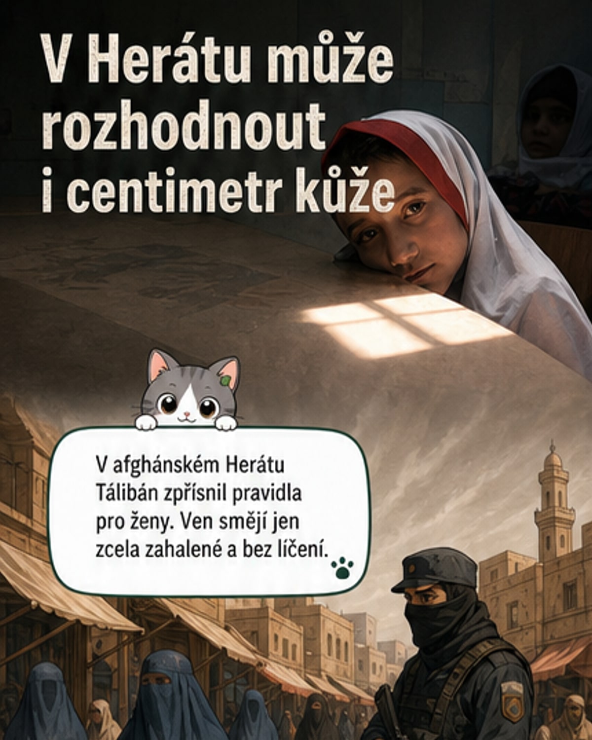 Žena v úplném zahalení stojí na ulici v Herátu, kolem ní ozbrojení muži s puškami.