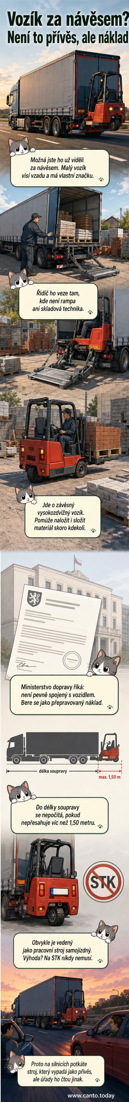 Ilustrace kamionu s návěsem a závěsným vysokozdvižným vozíkem vzadu, který má vlastní SPZ a je považován za náklad, nikoli za součást vozidla.