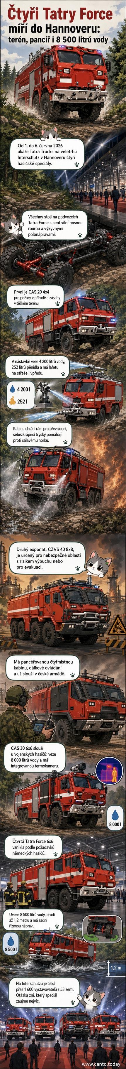 Čtyři hasičské vozy Tatra Force různých konfigurací na výstavě, včetně pancéřovaného modelu a vozu s dálkovým ovládáním.