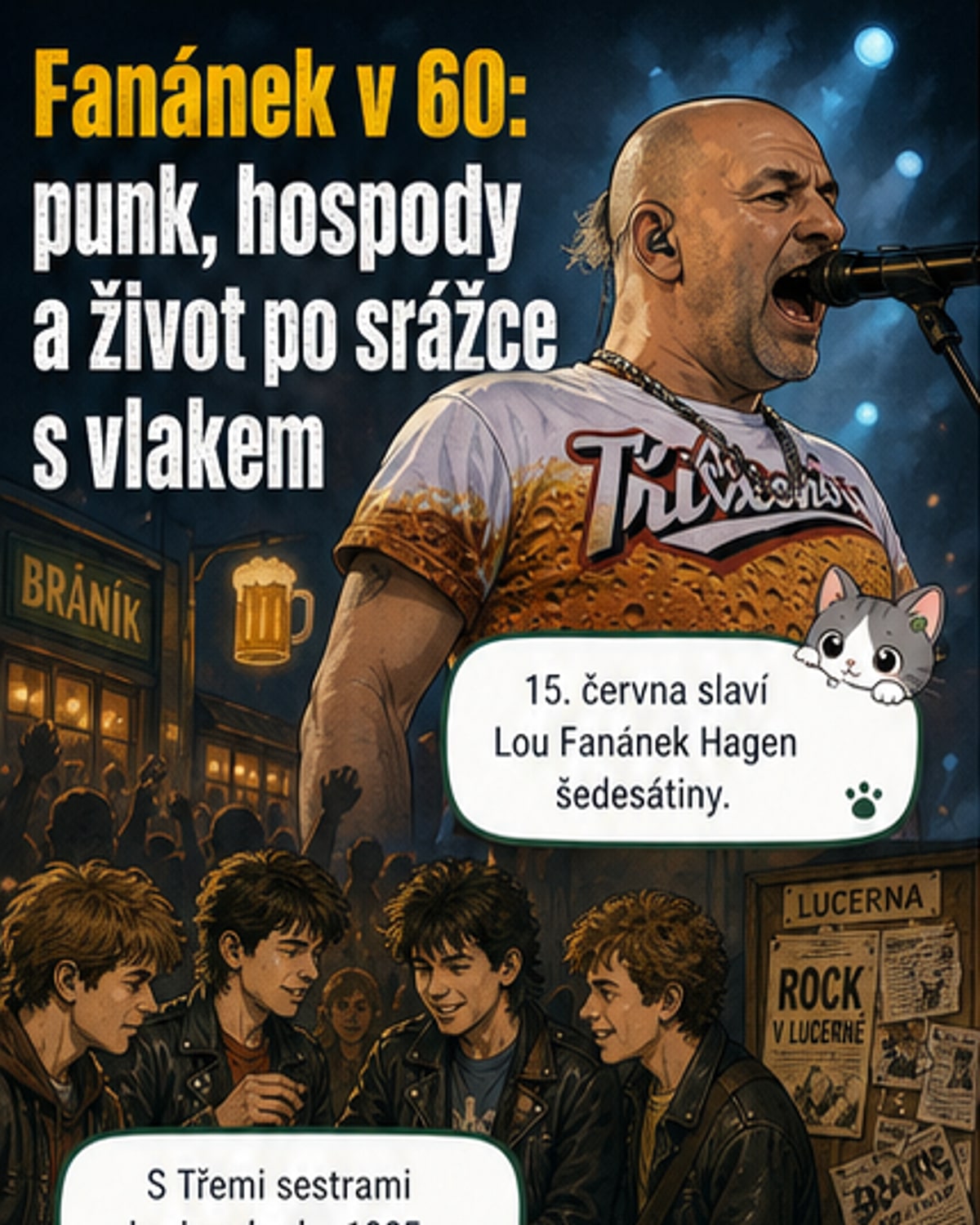 Lou Fanánek Hagen stojí na jevišti s kytarou, v pozadí je logotyp kapely Tři sestry a stylizovaná hospoda.