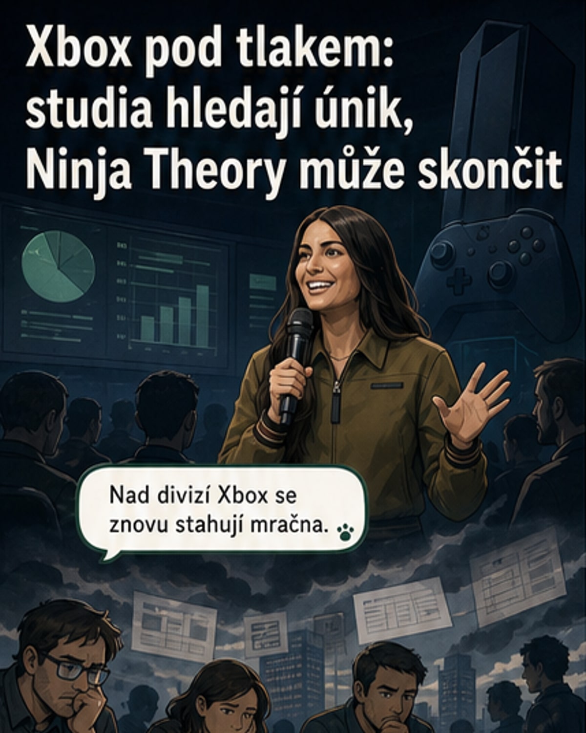 Ilustrace znázorňující rozpadající se herní studio s logem Xbox, kolem nějž stojí postavy vývojářů s nejistými výrazy, na pozadí korporátní budova Microsoftu.