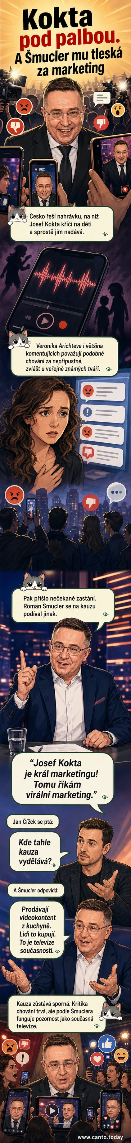 Ilustrace Romana Šmuclera, který ukazuje na obrazovku s nápisem 'viral', zatímco na displeji běží nahrávka Josefa Kokty ve vášnivé scéně.
