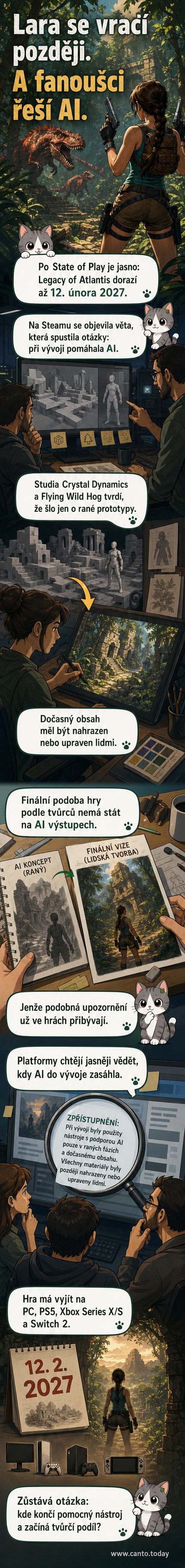 Ilustrace Lary Croft před podmořskou ruinou, na pozadí blikající hologram s nápisem 'AI Prototype'.