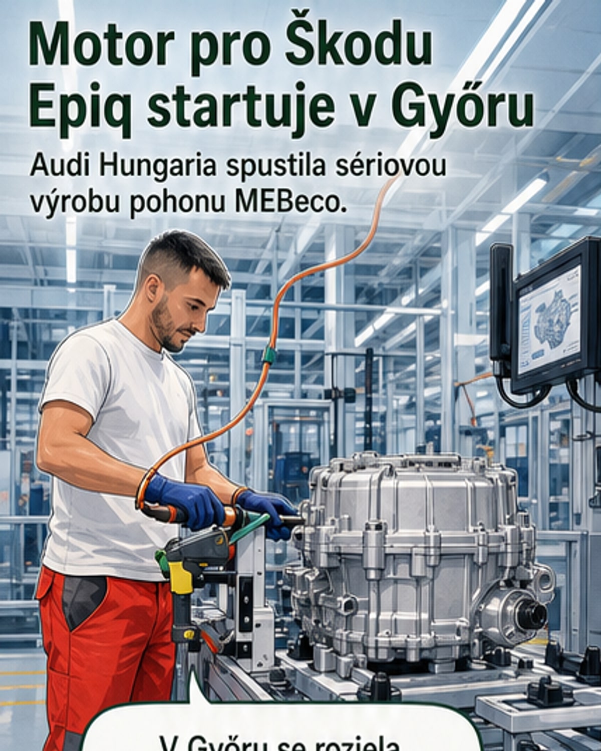 Ilustrace továrny Audi v Győru s elektrickými motory MEBeco na montážní lince, na pozadí ikonické budovy závodu.