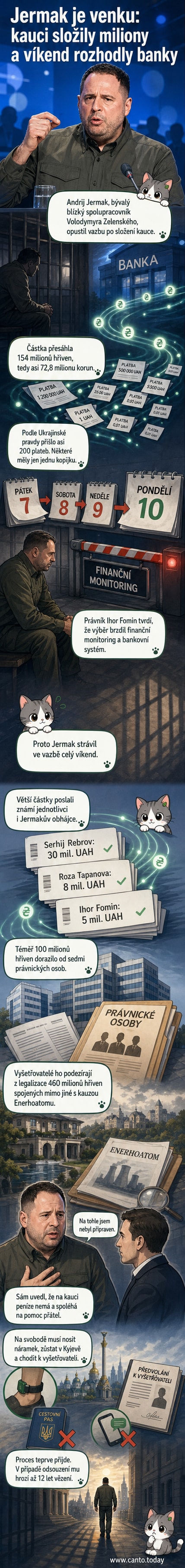 Ilustrace ukrajinského politika Andrije Jermaka opouštějícího vazební vězení, kolem něj symbolické peníze a elektronický náramek na zápěstí.