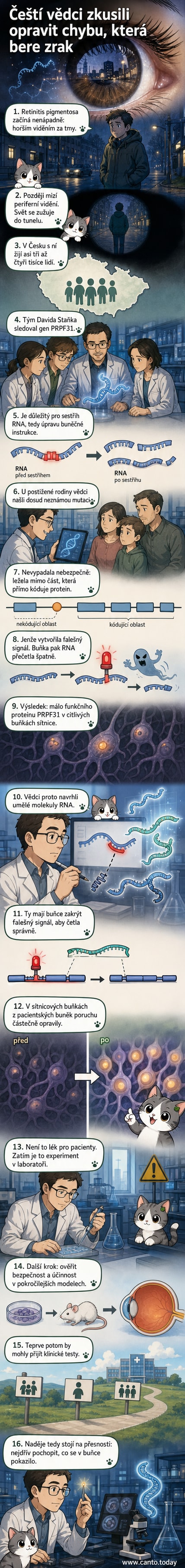 Ilustrace vědce upravující RNA v laboratoři, zatímco pacient s retinitidou pigmentosa sleduje světlo skrze úzký tunel vidění.