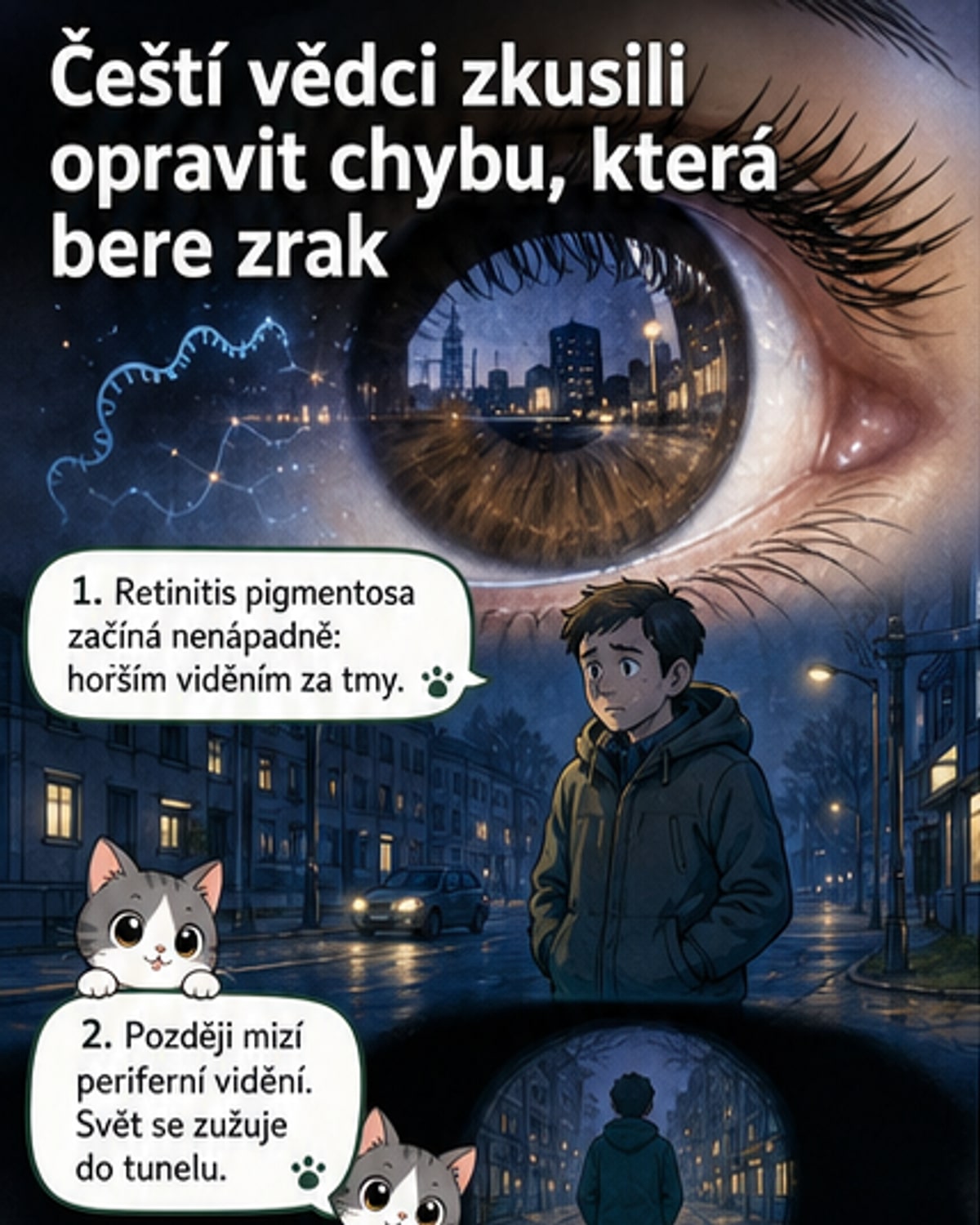 Ilustrace vědce upravující RNA v laboratoři, zatímco pacient s retinitidou pigmentosa sleduje světlo skrze úzký tunel vidění.