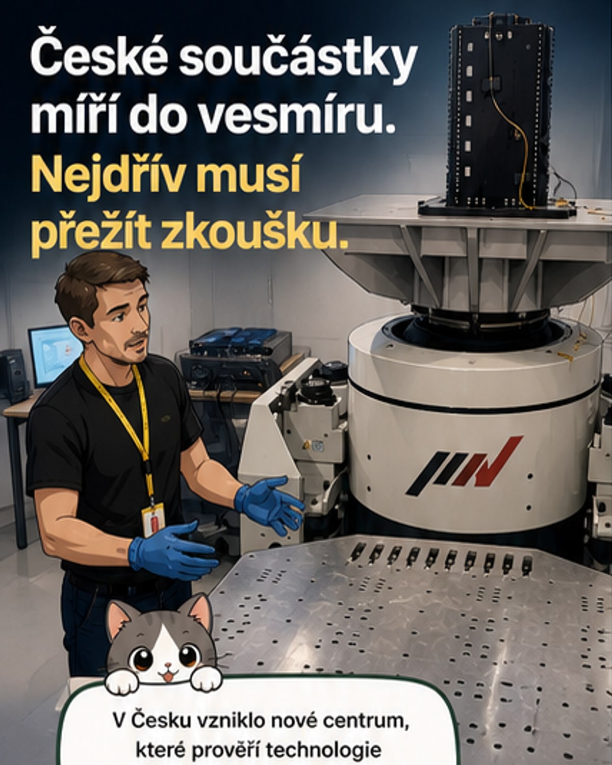 Technik ve výrobní hale ukazuje na velký testovací stroj určený pro ověřování odolnosti kosmických technologií.