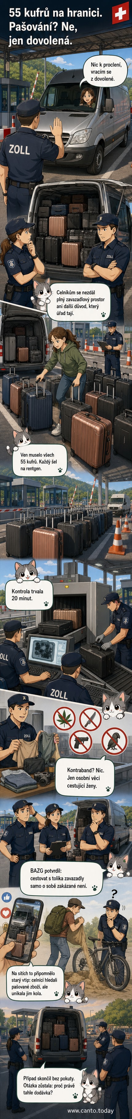 Ilustrace dodávky zaplněné kufry, celníci je kontrolují, jedna žena ukazuje průkaz a vysvětluje, že vše je pro osobní potřebu.