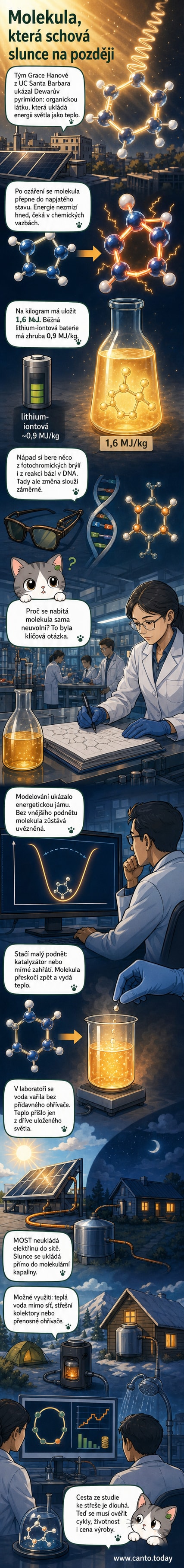 Ilustrace ukazuje molekulu Dewarova pyrimidonu, která po ozáření sluncem uchovává energii jako stlačená pružina a po spuštění katalyzátorem uvolňuje teplo – vizuální reprezentace revolučního způsobu skladování sluneční energie.
