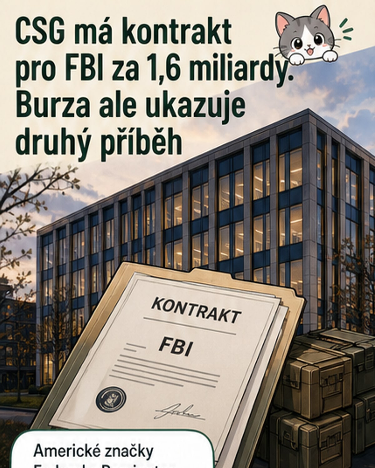 Ilustrace dvou krabic s nápisem Federal a Remington, vedle nich stojí znak FBI a česká vlajka – symbol mezinárodní smlouvy mezi českou skupinou CSG a americkou federální policií.
