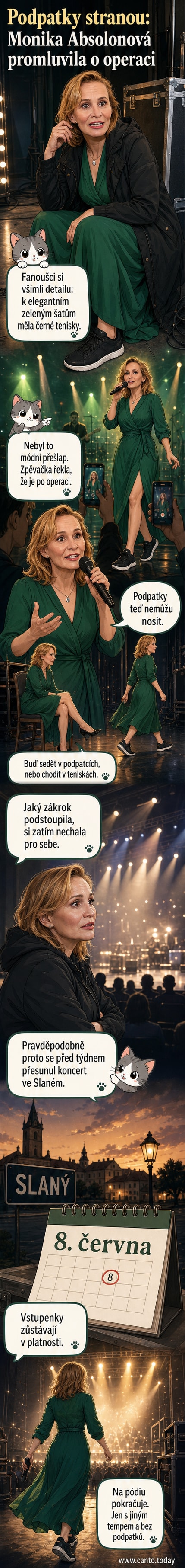 Monika Absolonová na pódiu v zelených šatech a teniskách, ruka na mikrofonu, v pozadí hudební skupina