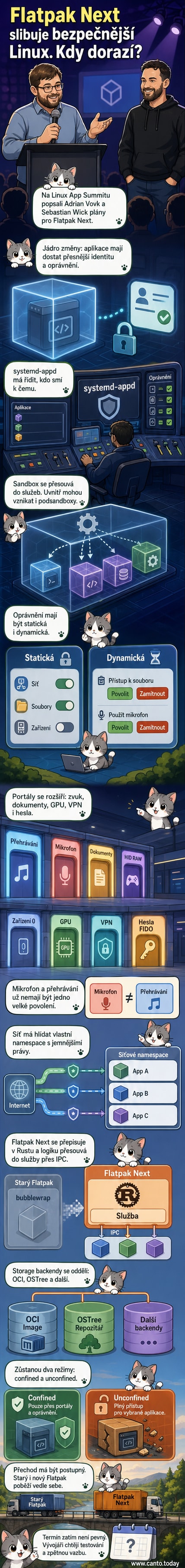 Ilustrace budoucí verze Flatpaku s novou architekturou v Rustu, zobrazující oddělené sandboxy, portály pro přístup k mikrofonu, GPU a dokumentům a zrušení bubblewrap ve prospěch nového namespacingu.