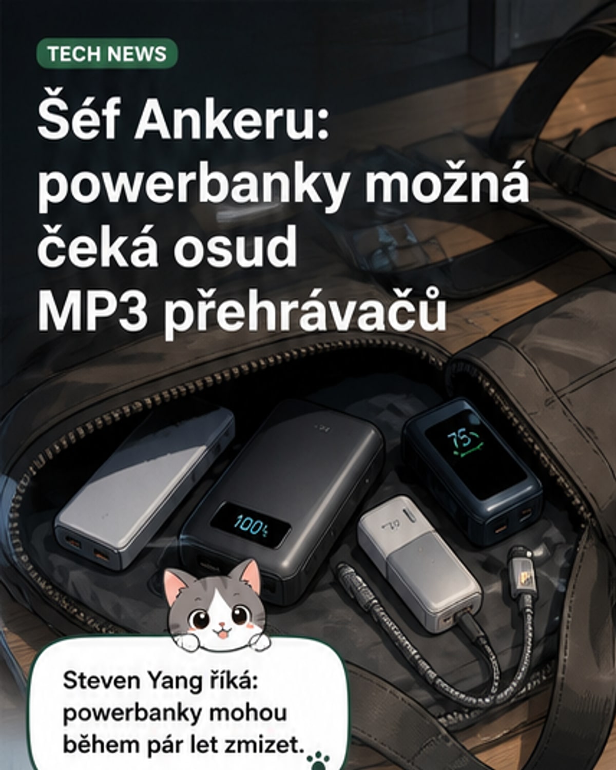 Ilustrace powerbanku ležícího vedle zastaralého MP3 přehrávače a CD, symbolizující postupné zastarání technologií.