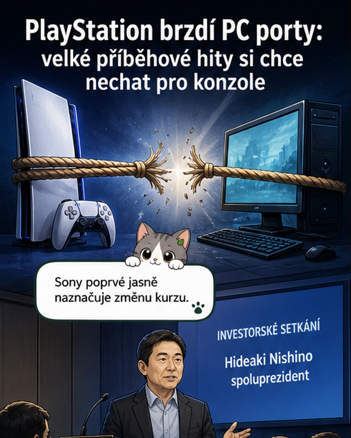 Ilustrace konzole PlayStation s postavami z her jako Kratos nebo Ellie, zatímco na obrazovce počítače bliká 'nedostupné'.