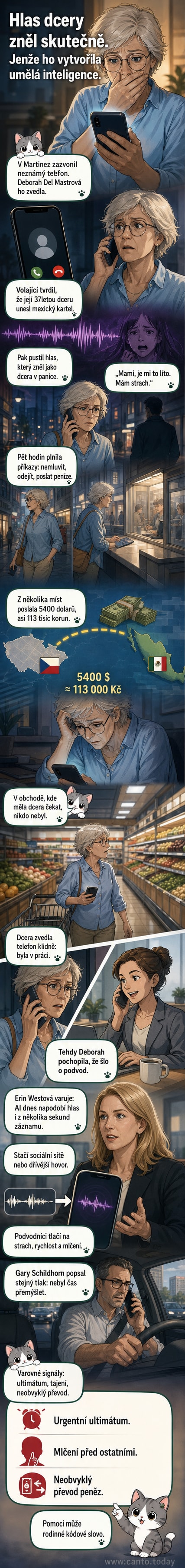Žena vyděšeně drží telefon, na displeji vidí falešnou zprávu o únosu dcery, v pozadí bliká varování před AI podvodem.