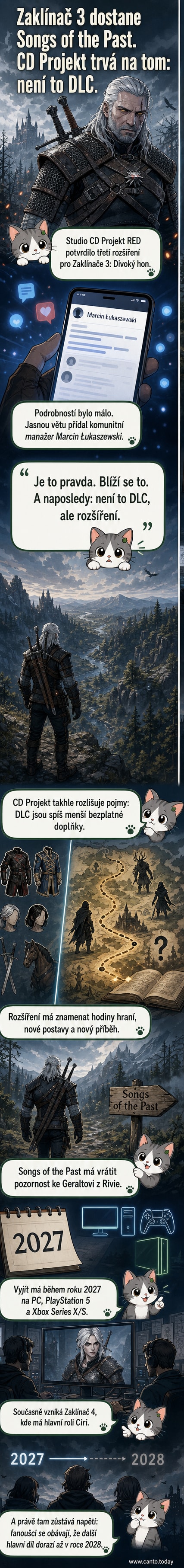Geralt z Rivie stojí s mečem v ruce před mlhavou krajinou, na pozadí znaky Zaklínače 3 a loga rozšíření Songs of the Past.