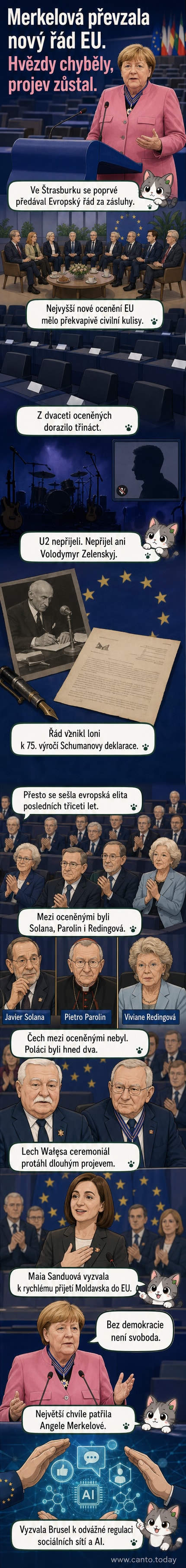 Angela Merkelová přijímá řád ve Štrasburku, sedí v růžovém kostýmku mezi dalšími oceněnými v civilním prostředí.