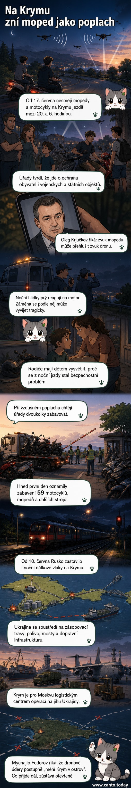 Ilustrace krymské silnice v noci s policejními vozidly a zabavenými mopy, na pozadí světla protivzdušné obrany.