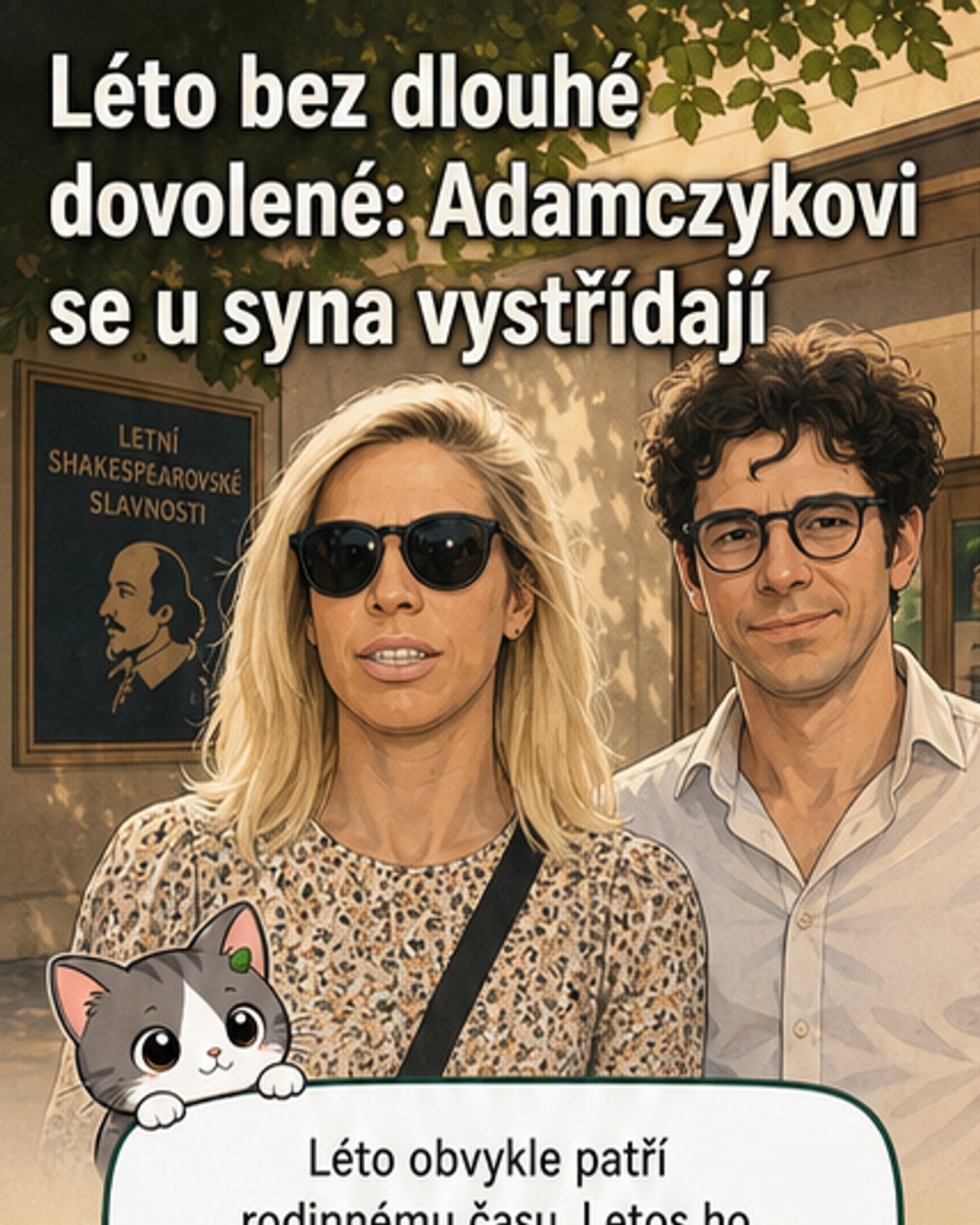 Ilustrace Marka a Evy Adamczykových střídajících se v péči o syna, jeden odchází do práce, druhý zůstává doma.