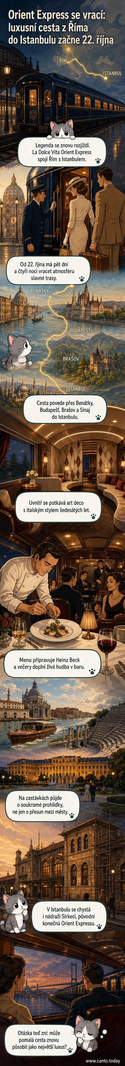 Ilustrovaný pohled na luxusní vlak La Dolce Vita Orient Express, který projíždí krajinou mezi Římem a Istanbulem, s historickými zastávkami a art deco interiéry.