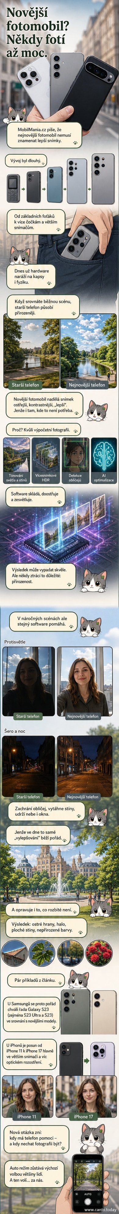 Ilustrace dvou smartphonů vedle sebe – jeden starší s přirozenou fotkou, druhý novější s přeostřeným a uměle upraveným snímkem.