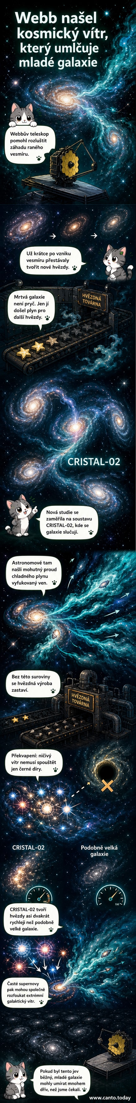 Ilustrace galaxie, ze které uniká chladný plyn do okolního prostoru pod vlivem intenzivních hvězdných větrů, na pozadí mladého vesmíru.