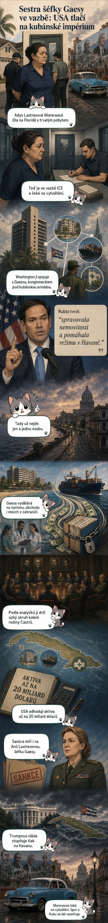 Ilustrace zachycující zadržení ženy u hranice USA, na pozadí kubánská vlajka a logo konglomerátu Gaesa.