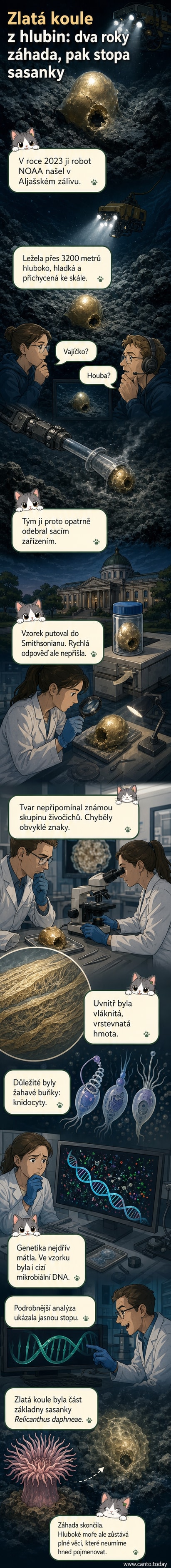 Ilustrace zlatavé koule přichycené ke skále na dně oceánu, s detailním zobrazením její vláknité struktury a žahavých buněk.