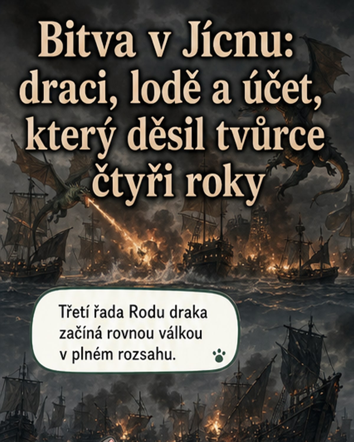 Ilustrace námořní bitvy s draky, loděmi a bojujícími vojáky na pozadí hořícího přístavu