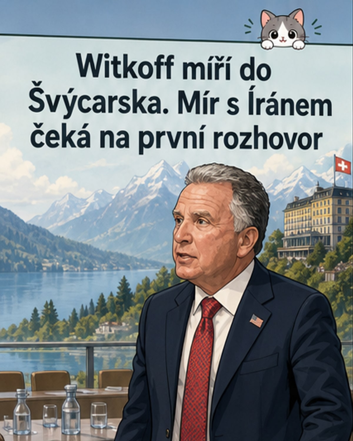 Ilustrace dvou mužů jednajících u stolu s vlajkami USA a Íránu, na pozadí švýcarské krajiny a symbolického zeměkoule s Blízkým východem zvýrazněným