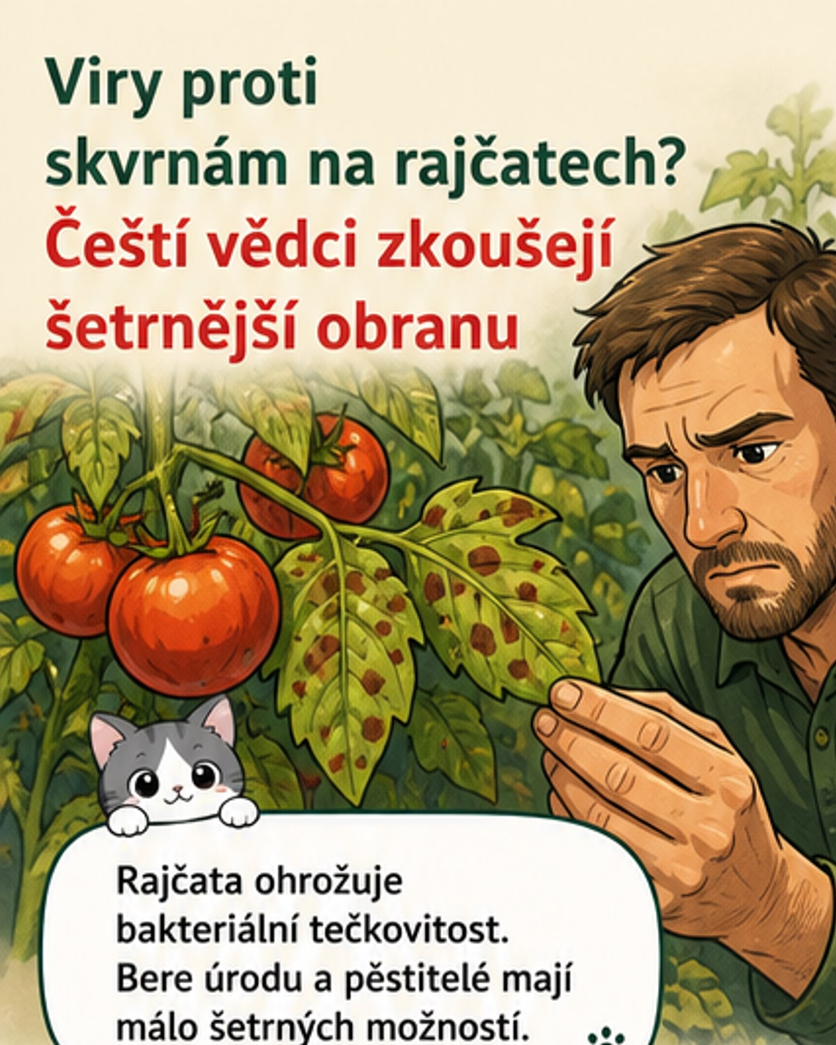 Ilustrace: vědec aplikuje postřik s bakteriofágy na list rajčete, pod mikroskopem jsou vidět viry napadající bakterie.