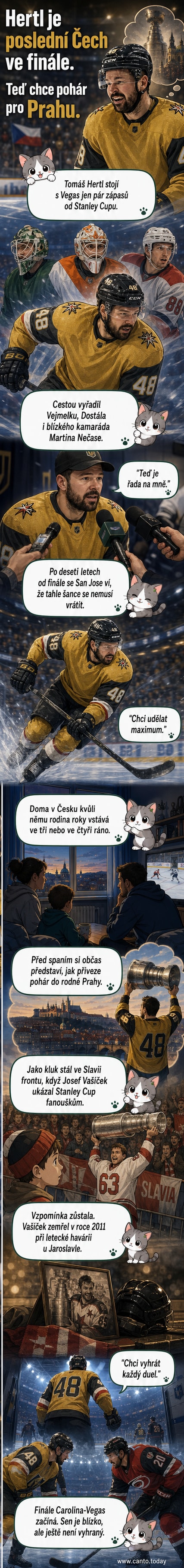 Hokejový hráč Tomáš Hertl v dresu Vegas Golden Knights stojí u branky, za ním se odráží odlesk Stanley Cupu.