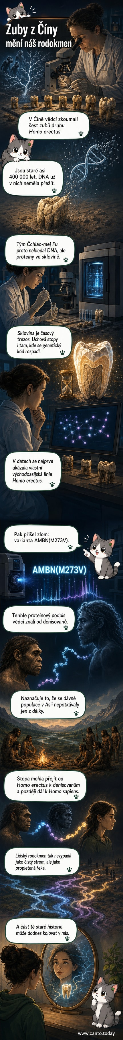 Ilustrace prastarých lidských zubů s detaily proteinové analýzy a schematickým znázorněním genetického toku mezi Homo erectus a denisovany.