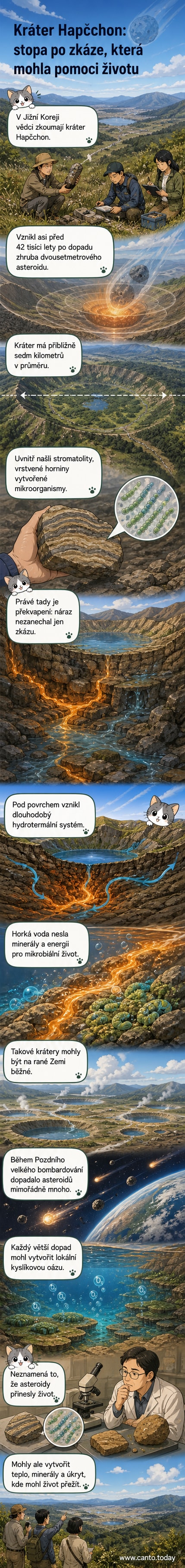 Ilustrace impaktního kráteru Hapcheon v Jižní Koreji s hydrotermálním systémem pod povrchem a mikrobiálními koloniemi v okolí horkých pramenů.