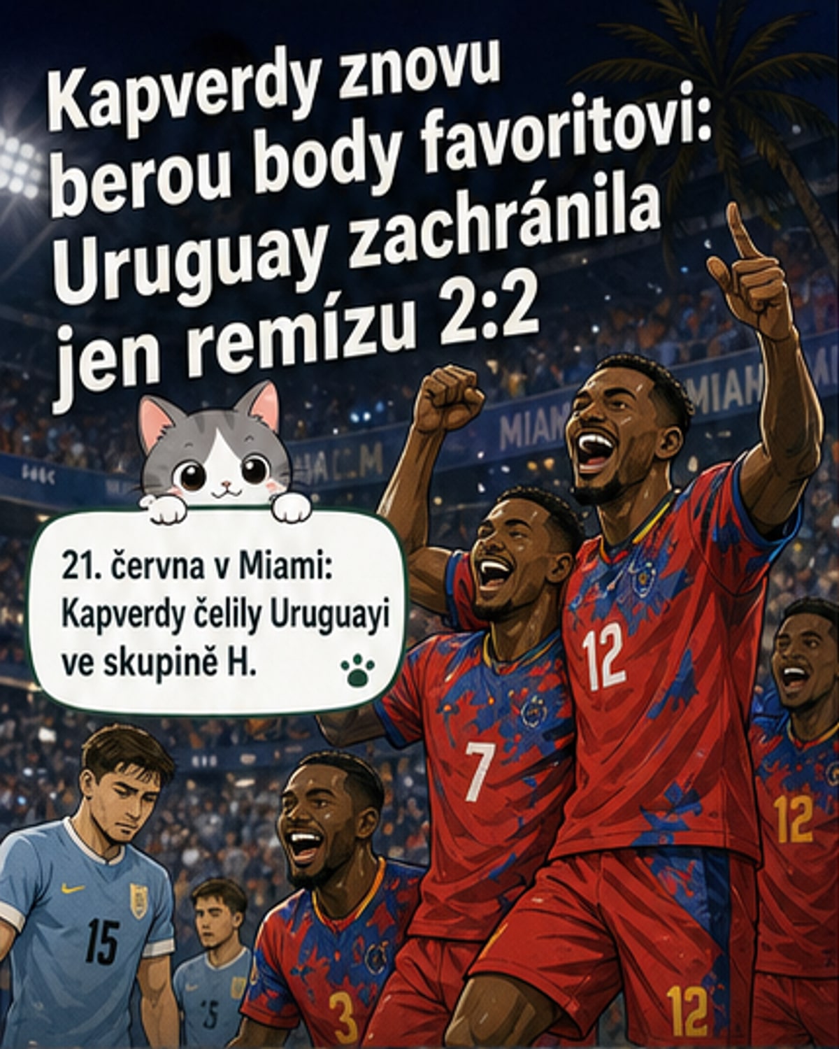 Fotbalový zápas mezi Kapverdami a Uruguayí na mistrovství světa, hráči slaví po remíze 2:2.
