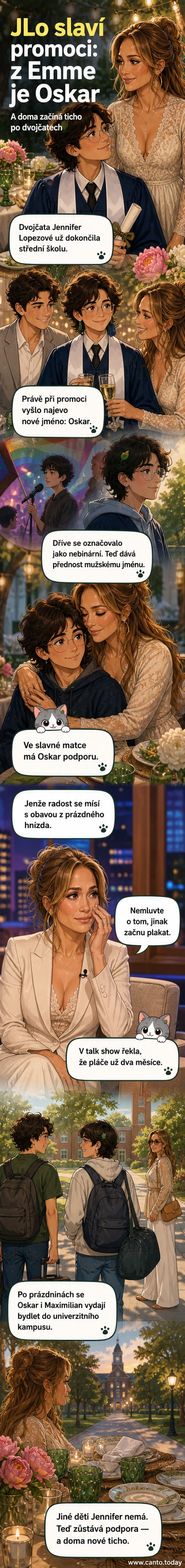 Ilustrace dospívající postavy s nápisem 'Emme' měnící se na 'Oskar', na pozadí stylizovaná maturovalistická toga a srdce rodiče truchlícího nad prázdným hnízdem.