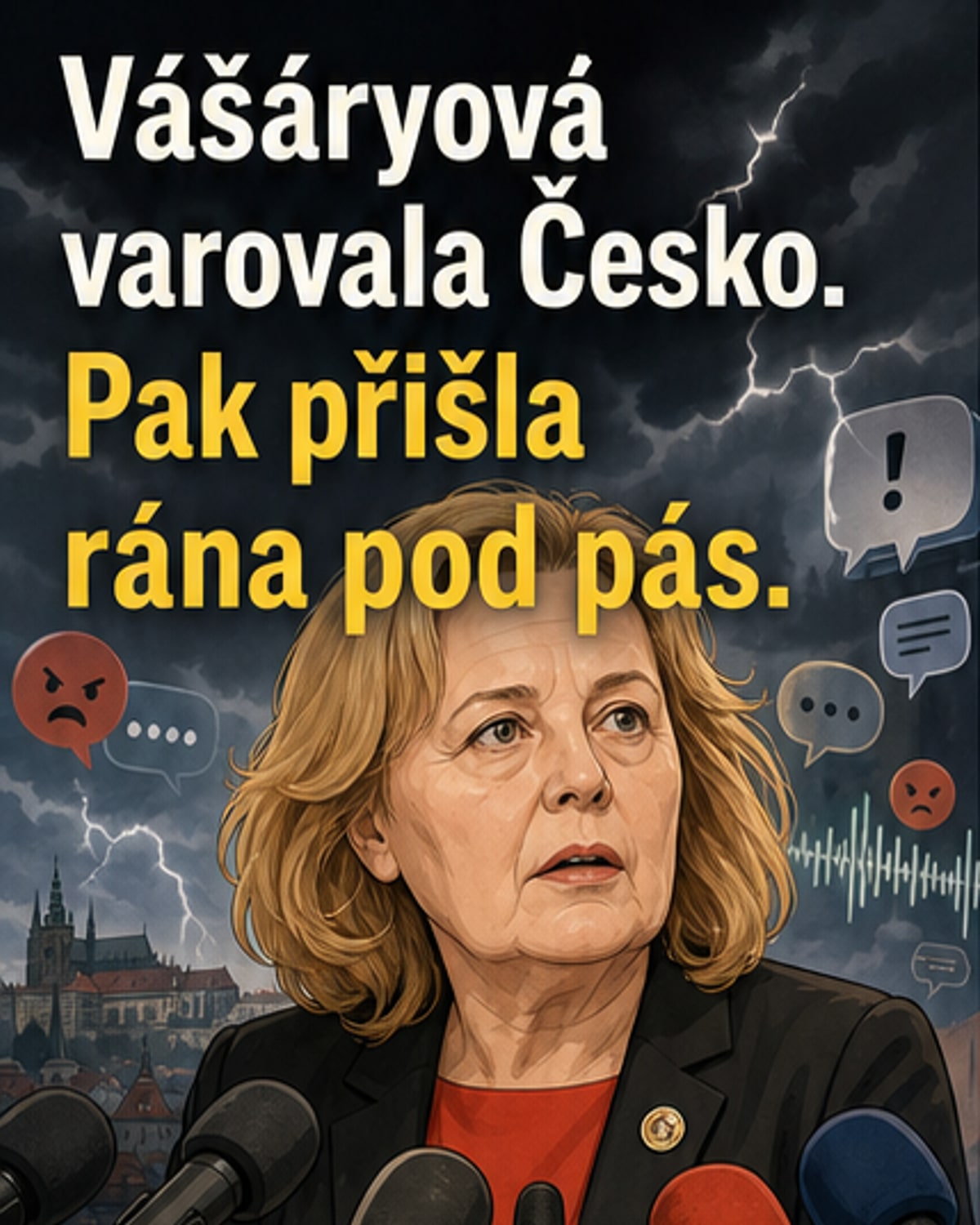 Ilustrace zobrazuje herečku Magdu Vášáryovou a herce Michala Gulyáše, kteří stojí proti sobě, mezi nimi symbolická trhlina s nápisem 'spor'. Na pozadí je česká a slovenská vlajka.