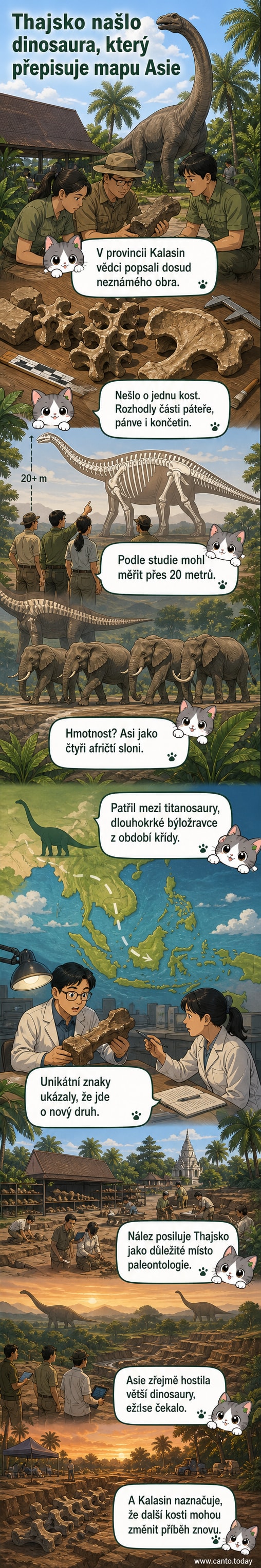 Rekonstrukce obřího titanosaura v přírodním prostředí s paleontology u fosilií v Kalasinu, Thajsko.