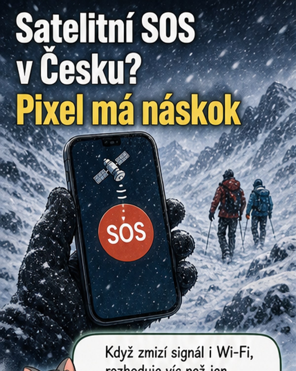Ilustrace člověka s telefonem na horském hřebeni, hledajícího satelitní signál, zatímco v pozadí svítí hvězdná obloha.