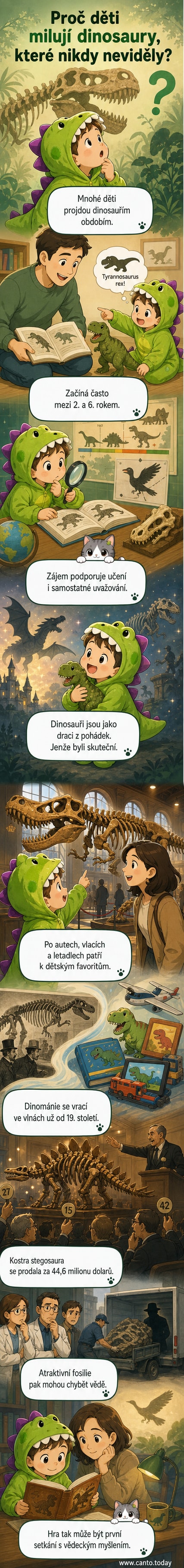 Ilustrace dítěte s knihou o dinosaurech, kolem nějž se objevují známé druhy jako Tyrannosaurus rex a Stegosaurus, na pozadí prehistorické scenérie.