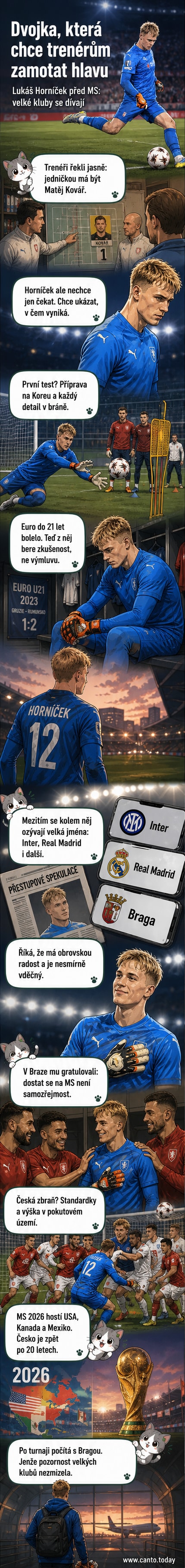Fotbalový brankář v dresu české reprezentace stojí na trávníku, za ním fanoušci s vlajkami a dresy, na obloze slavík letí k míči.